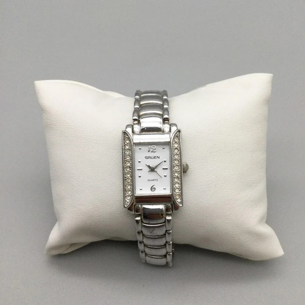 Gruen Womens Watch 19mm Silver Tone White Dial Crystals New Battery 7.5